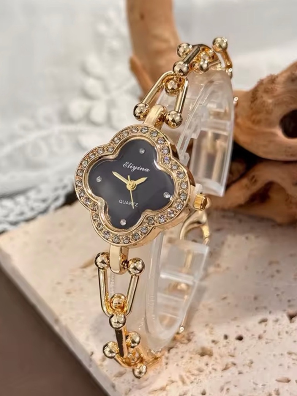 Women's Gold Floral Crystal Bracelet Watch - Black Dial